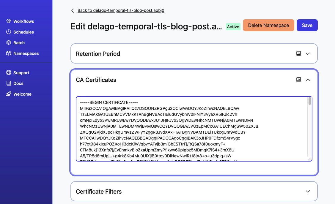 Paste a Certificate Authority cert